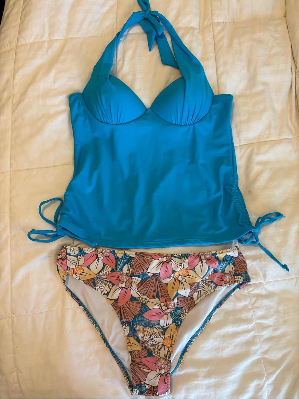 Beachsissi Teal Halter Tankini Top with Floral Bikini Bottom Size Large